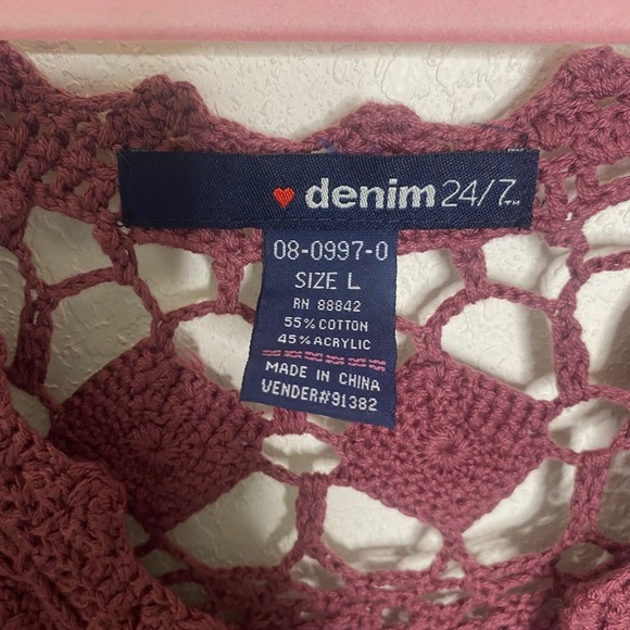 Denim 24/7 Crochet Tunic Womens L Burgandy Chunky‎ Open Knit Layer Boho Top - Picture 2 of 10